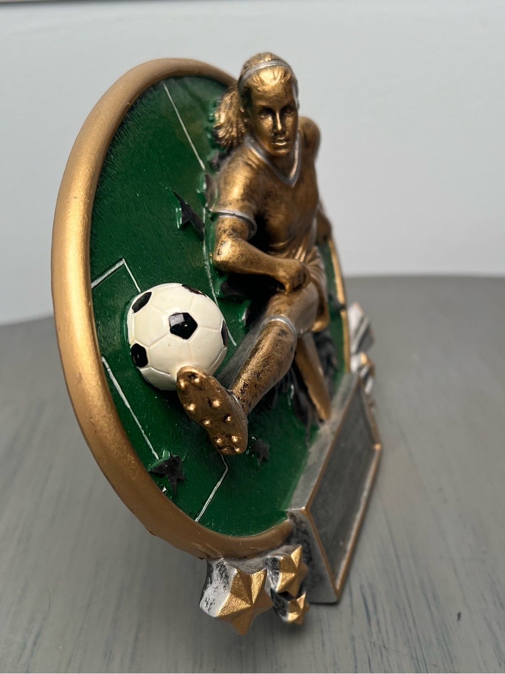 Female Soccer Player Trophy Plaque - Green & Gold. 3-D.